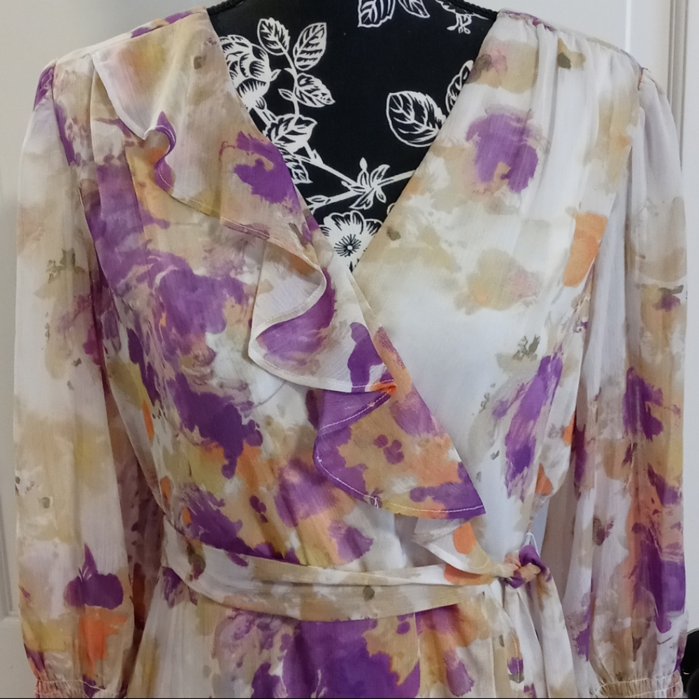 💜Taylor💜 - Purple/Peach/Cream Floral Chiffon Ruffle L/S V-Neck Midi Dress - Picture 7 of 16